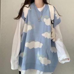 ItGirl Shop Blue Clouds Cute Aesthetic Loose Knit Vest Sweater Aesthetic Clothing