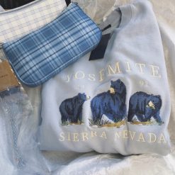 ItGirl Shop Blue Cute Bear National Park Embroidery Loose Sweatshirt NEW