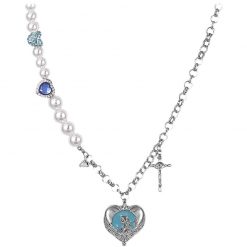 ItGirl Shop Blue Heart Pendant Silver Chain Pearl Beads Necklace ???? Valentines Day