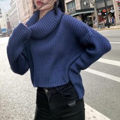 ItGirl Shop Blue High Collar Asymmetric Length Knitted Sweater NEW