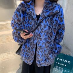 ItGirl Shop Blue Leopard Print Fluffy Soft Oversized Jacket NEW
