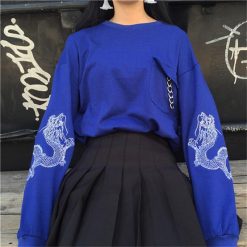 ItGirl Shop Aesthetic Grunge Bright Blue Black China Dragon Sleeve Print Pocket Chain Sweatshirt