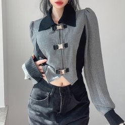 ItGirl Shop Casual Aesthetic Metal Latch Ribbed Cropped Shirt