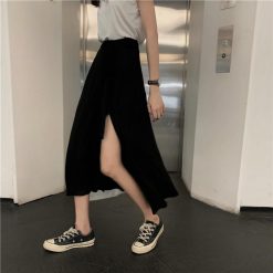 ItGirl Shop Dark Academia Outfits Casual Black Gray Wrap Bow Split Long Skirt