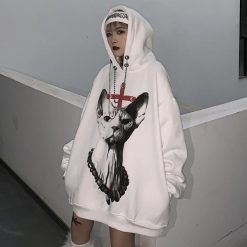 ItGirl Shop Cat Printed Goth Aesthetic Oversized White Hoodie