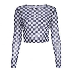 ItGirl Shop 80s Fashion Checker Racer Grid Bw Transparent Gauze Long Sleeve Crop Top