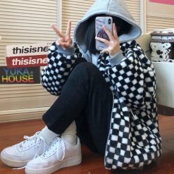 ItGirl Shop Indie Clothes Checkered Aesthetic Soft Fluffy Zipper Hooded Jacket