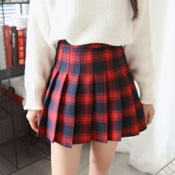 ItGirl Shop Indie Clothes Checkered School Red White Plaid Pleated Above Knee Skirt