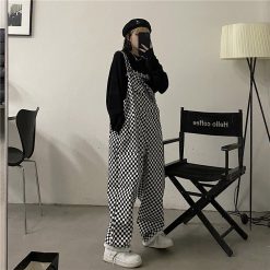 ItGirl Shop Checkered Pattern Checkered Skater Aesthetic Front Pocket Loose Overalls