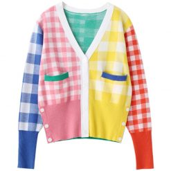 ItGirl Shop Indie Clothes Colorful Checkered Rainbow V-Neck Knitted Cardigan