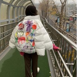 ItGirl Shop Indie Clothes Colorful Child Art Drawing Print Puff Loose White Jacket