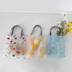 ItGirl Shop Fairycore Colorful Embroidered Flowers Transparent Mesh Tote Bag