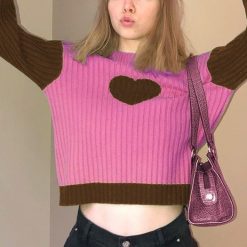 ItGirl Shop Colorful Heart Pattern Slim Ribbed Knit Cropped Sweater Y2k Aesthetic Outfits