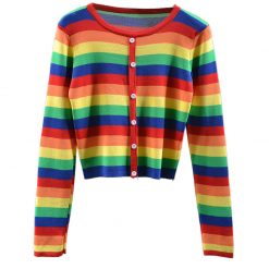 ItGirl Shop Rainbow Clothing Colorful Rainbow Striped Faux Cardigan Cropped Shirt