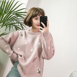 ItGirl Shop Fairycore Colorful Small Flowers Front Embroideries Knit Cozy Sweater