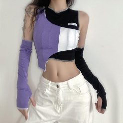 ItGirl Shop Contrast Color Block Aesthetic Ribbed Crop Top + Sleeves Aesthetic Clothing
