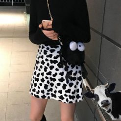 ItGirl Shop 90s Fashion Cow Print Soft Plush High Waist Mini Skirt
