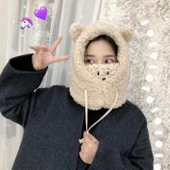 ItGirl Shop Cute Bear Ears Korean Aesthetic Warm Mask And Hat Aesthetic Clothing