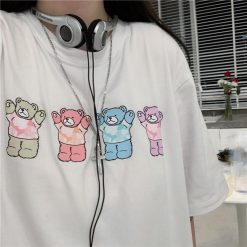ItGirl Shop Soft Girl Aesthetic Cute Colorful Bears Print Loose White Black T-Shirt