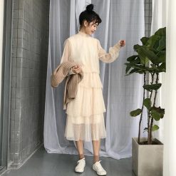 ItGirl Shop Cute Creamy White Beige Mesh Long Dress