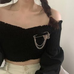 ItGirl Shop Fairycore Cute Silver Butterfly Chain Egirl Huge Pin Brooch