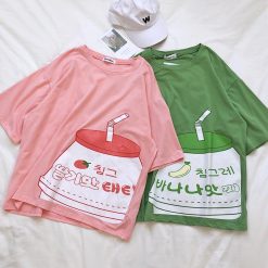 ItGirl Shop Soft Girl Aesthetic Cute Strawberry Milk Box Printed Oversized T-Shirt