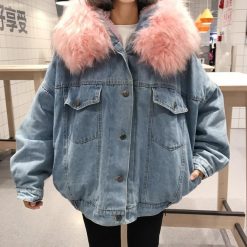 ItGirl Shop NEW Denim Jean Pink White Faux Fur Hood Outwear Jacket