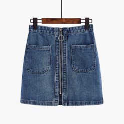 ItGirl Shop Denim Pockets Front Zipper Ring Jean Pencil Above Knee Skirt