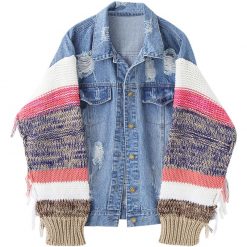 ItGirl Shop Denim Striped Knitted Sleeves Hippie Oversized Jacket Y2k Aesthetic Outfits
