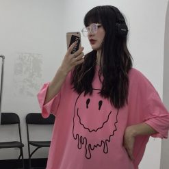 ItGirl Shop Egirl Aesthetic Smile Print Pink Gray Oversized T-Shirt Aesthetic Clothing