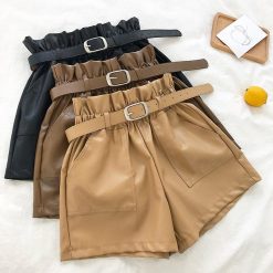 ItGirl Shop NEW Elastic Waist Double Pocket Loose Leather Shorts