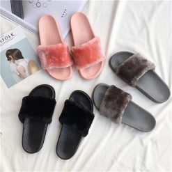 ItGirl Shop Faux Fluffy Fur Rubber Pink Gray Black Flat Open Sandals