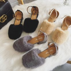 ItGirl Shop Fluffu Faux Fur Closed Toe Ankle Buckle Flat Sandals Vintage Clothing