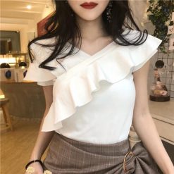 ItGirl Shop Frilled White Black Open Shoulders Sexy Shirt NEW