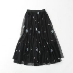 ItGirl Shop Gauze Cosmo Saturn Sew On Long Black Sky Skirt NEW