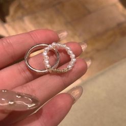 ItGirl Shop Golden Metal Ring + Pearl Beads Adjustable Set Rings