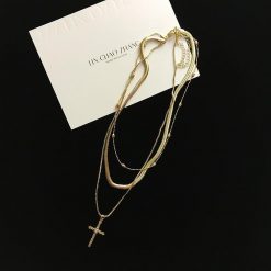ItGirl Shop Pastel Goth Golden Metallic Chains Cross Necklace