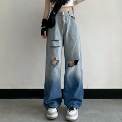 ItGirl Shop NEW Gradient Washed Ripped Knee Holes Wide Jeans