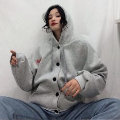 ItGirl Shop NEW Gray Embroideries Loose Cardigan Hooded Sweatshirt