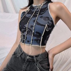 ItGirl Shop Gray Grunge Aesthetic Ribbed Stitches Slim Crop Top Aesthetic Grunge