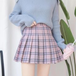 ItGirl Shop Aesthetic Clothing Gray Pink School Style Grand Plaid Pleated Aesthetic Skirts