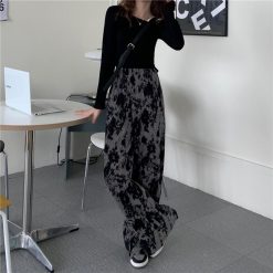 ItGirl Shop Gray Retro Aesthetic Printed Ribbed Loose Pants Aesthetic Clothing