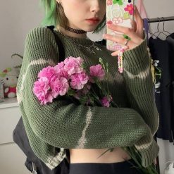 ItGirl Shop Indie Clothes Green Aesthetic Tie Dye Stripes Ribbed Cropped Sweater