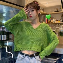 ItGirl Shop Green White Vintage Aesthetic Knit Cropped Loose Sweater Aesthetic Clothing