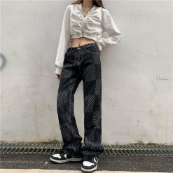 ItGirl Shop Grunge Aesthetic Checkered Pattern High Waist Jeans Indie Clothes