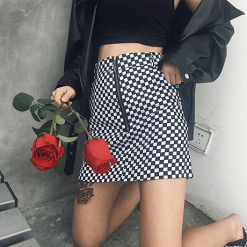 ItGirl Shop Grunge Black White Checkered Grid Front Zipper Skirt Indie Clothes