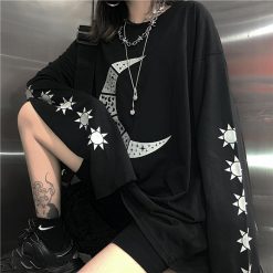 ItGirl Shop Aesthetic Grunge Grunge Moon And Stars Printed Black Long Sleeve T-Shirt