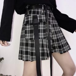 ItGirl Shop High Waist Black Belts Pleated Plaid Skirt