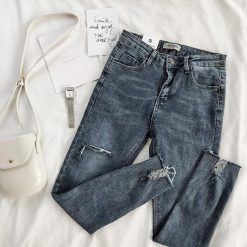ItGirl Shop High Waist Knee Ripped Holes Denim Washed Jeans