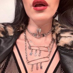 ItGirl Shop Huge Pins Silver Letters 90S Grunge Chains Necklace